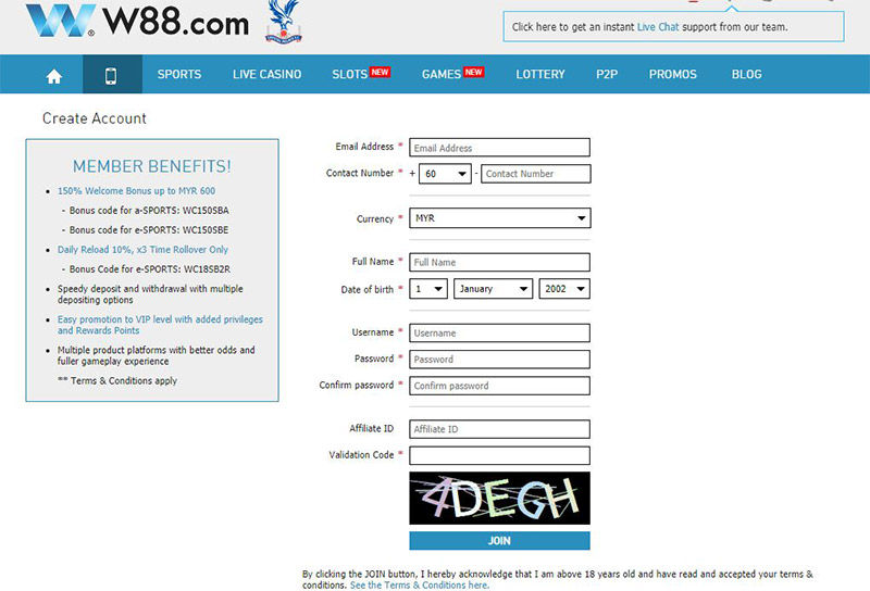 Register an account at w88