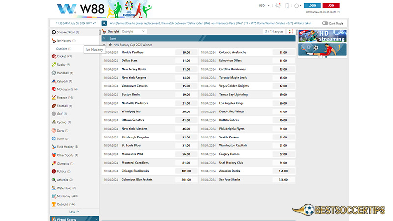 Ice hockey betting tips app: W88 App