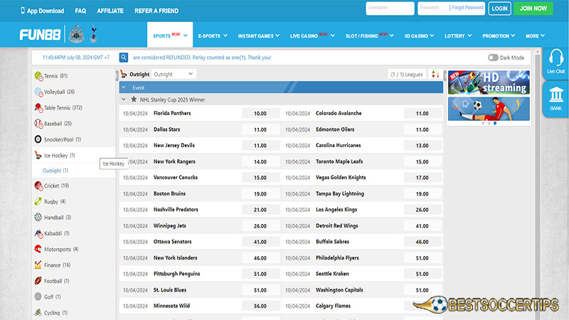 Ice hockey betting app: Fun88 App
