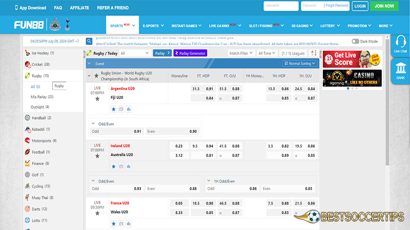 Rugby betting apps: Fun88 App