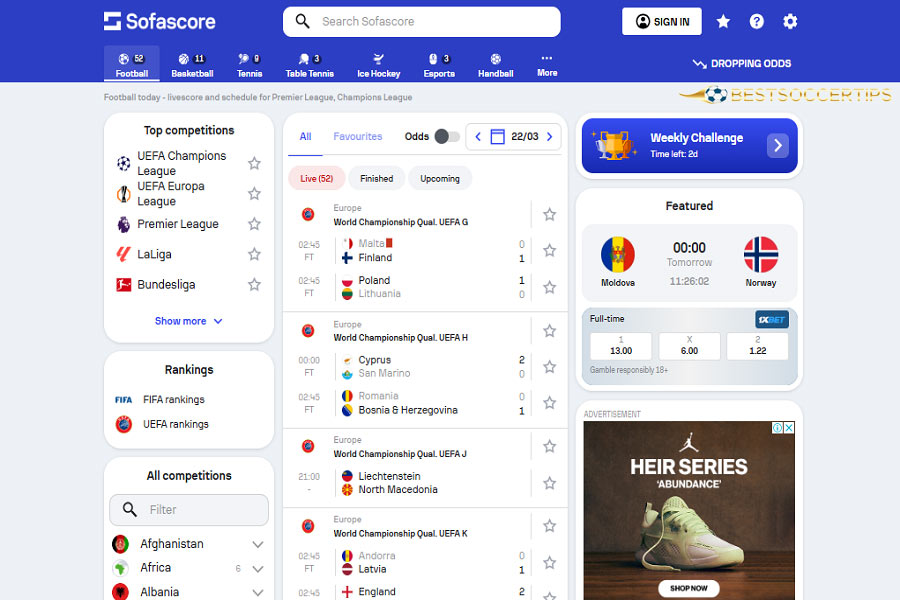 SofaScore provides scores, statistics and notifications, betting support